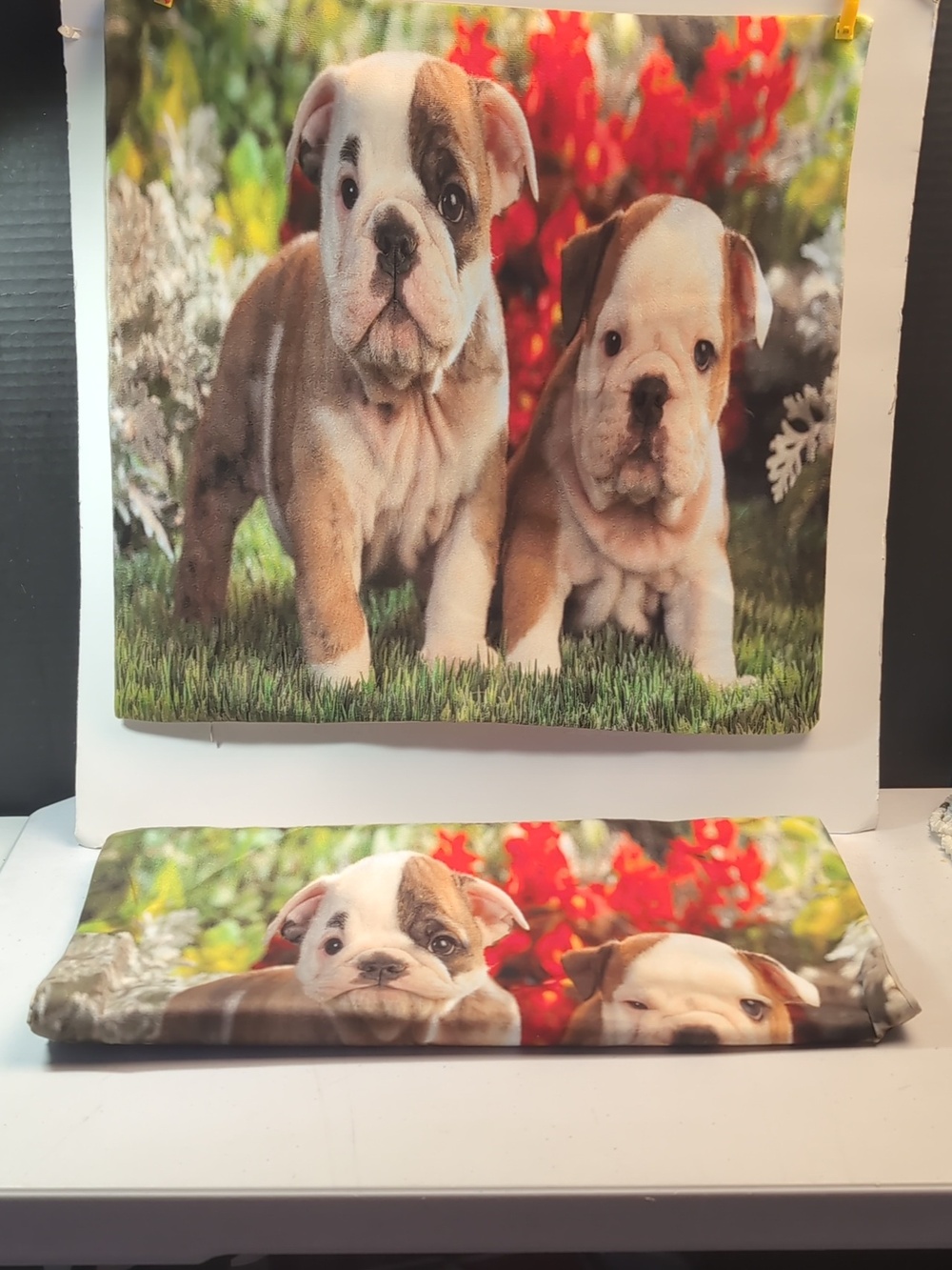 New Cushion Covers (2) Depicting English Bulldog Puppies 17" x 16.5"